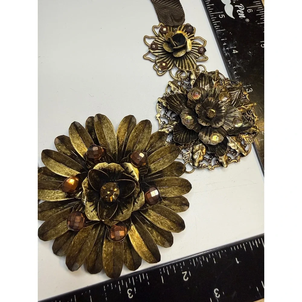 Cara New York Antique Brass Tone Floral Crystal Ribbon Tie Statement Necklace